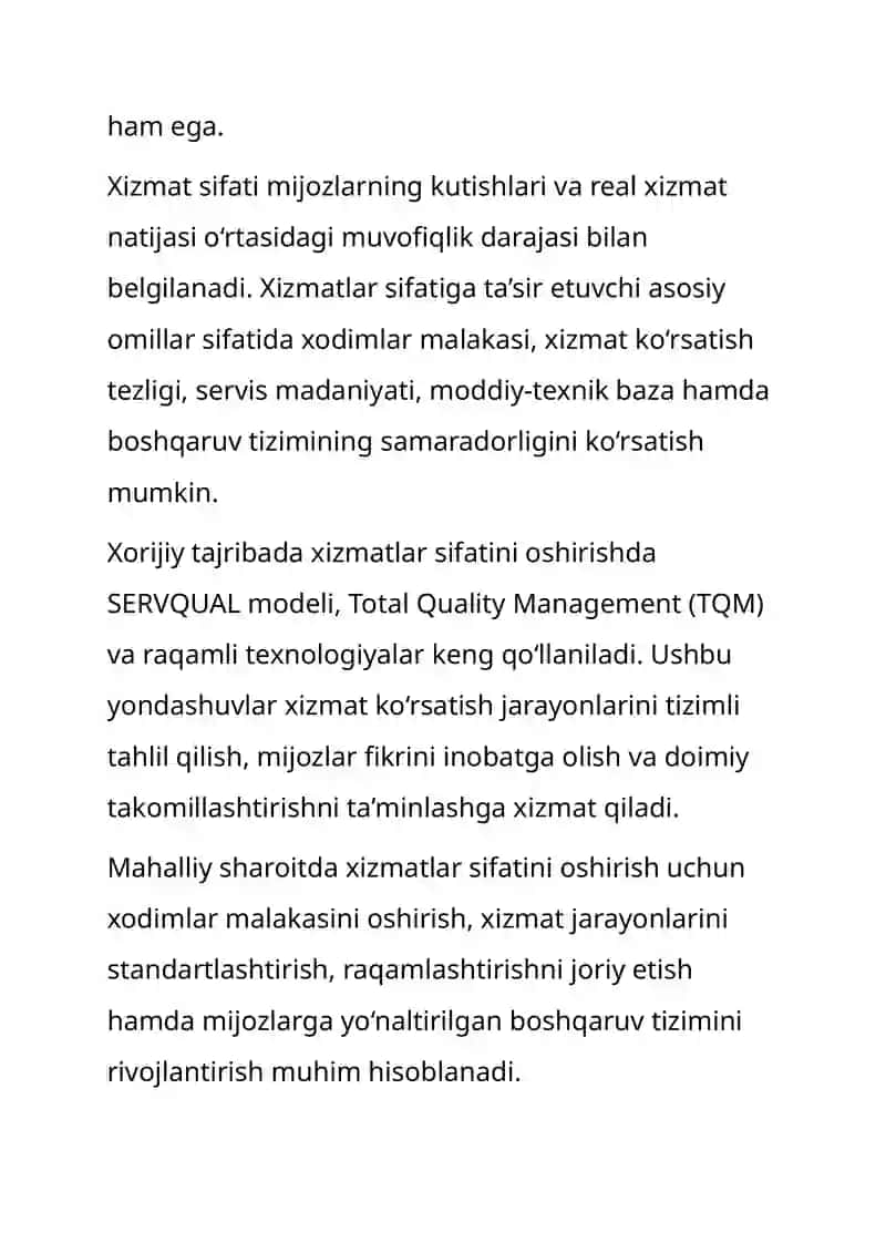 “Xizmatlar sohasida xizmatlar sifatini oshirish imkoniyatlari” mavzusida tezis 2