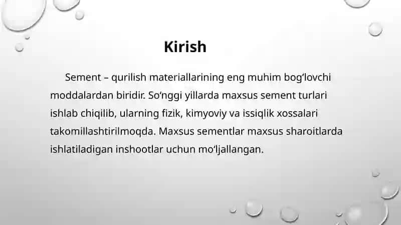 Maxsus sement ishlab chiqarish usullari.O'ta mayda maydalangan(O’MM) ko‘pkanpanentli sementlar ishlab chiqarish texnalogyasi 2