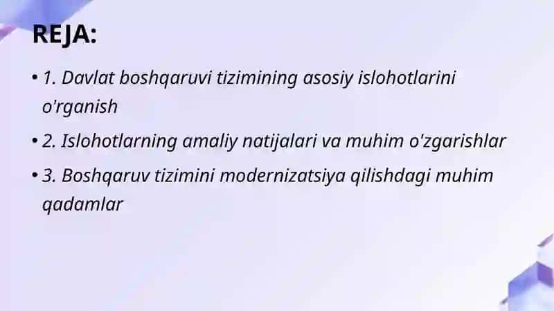 MUSTAQILLIK YILLARIDA DAVLAT BOSHQARUVI TIZIMIDA AMALGA OSHIRILGAN ISLOHOTLAR 2