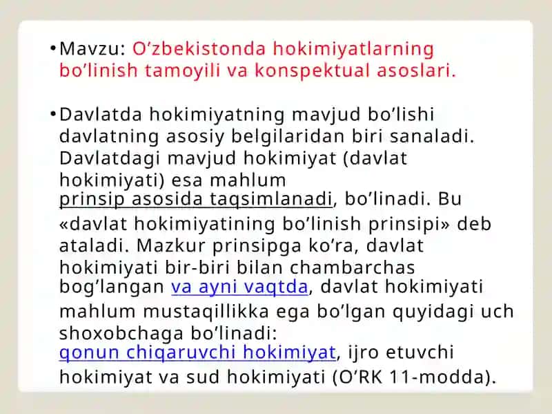 O’zbekistonda hokimiyatlarning bo’linish tamoyili va konspektual asoslari. 2