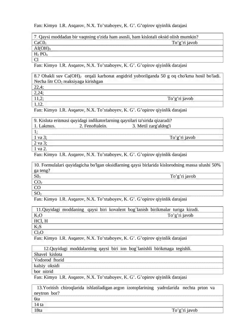 Kimyo test 8 – sinf 2