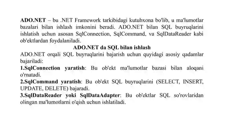 ADO.NET da SQL bilan ishlash. SQL buyruqlari 2