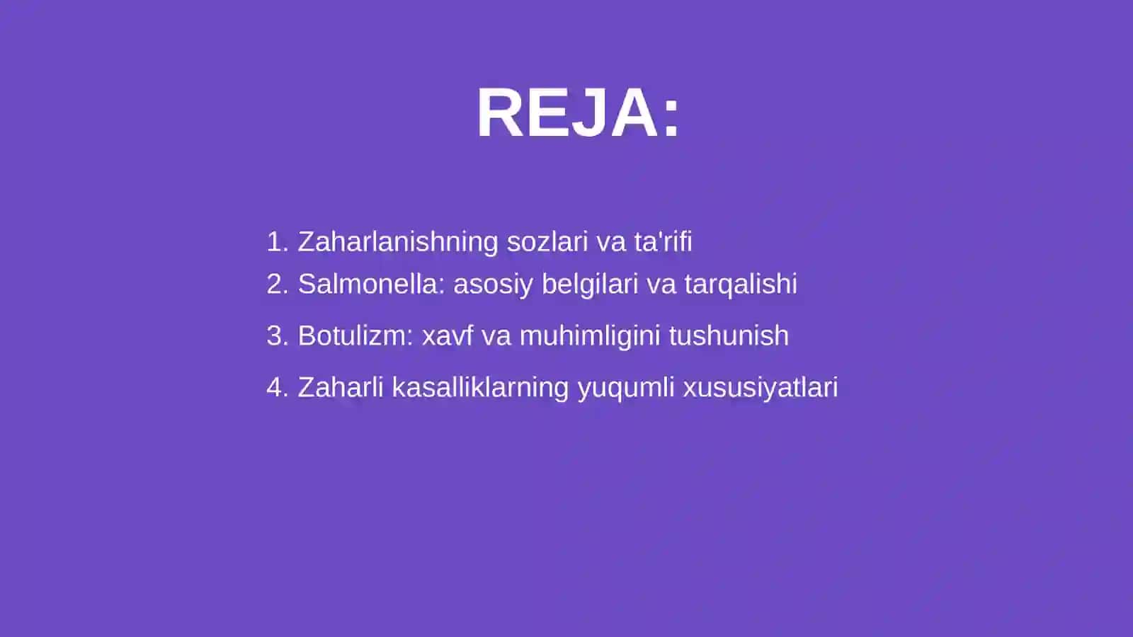 OVQATDAN ZAHARLANISH YUQUMLI KASALLIK QO'ZG'ATUVCHILARI. SALMONELLEZ VA BOTULIZM KASALLIK QO'ZG'ATUVCHILARI LABARATOR TASHXISI 2