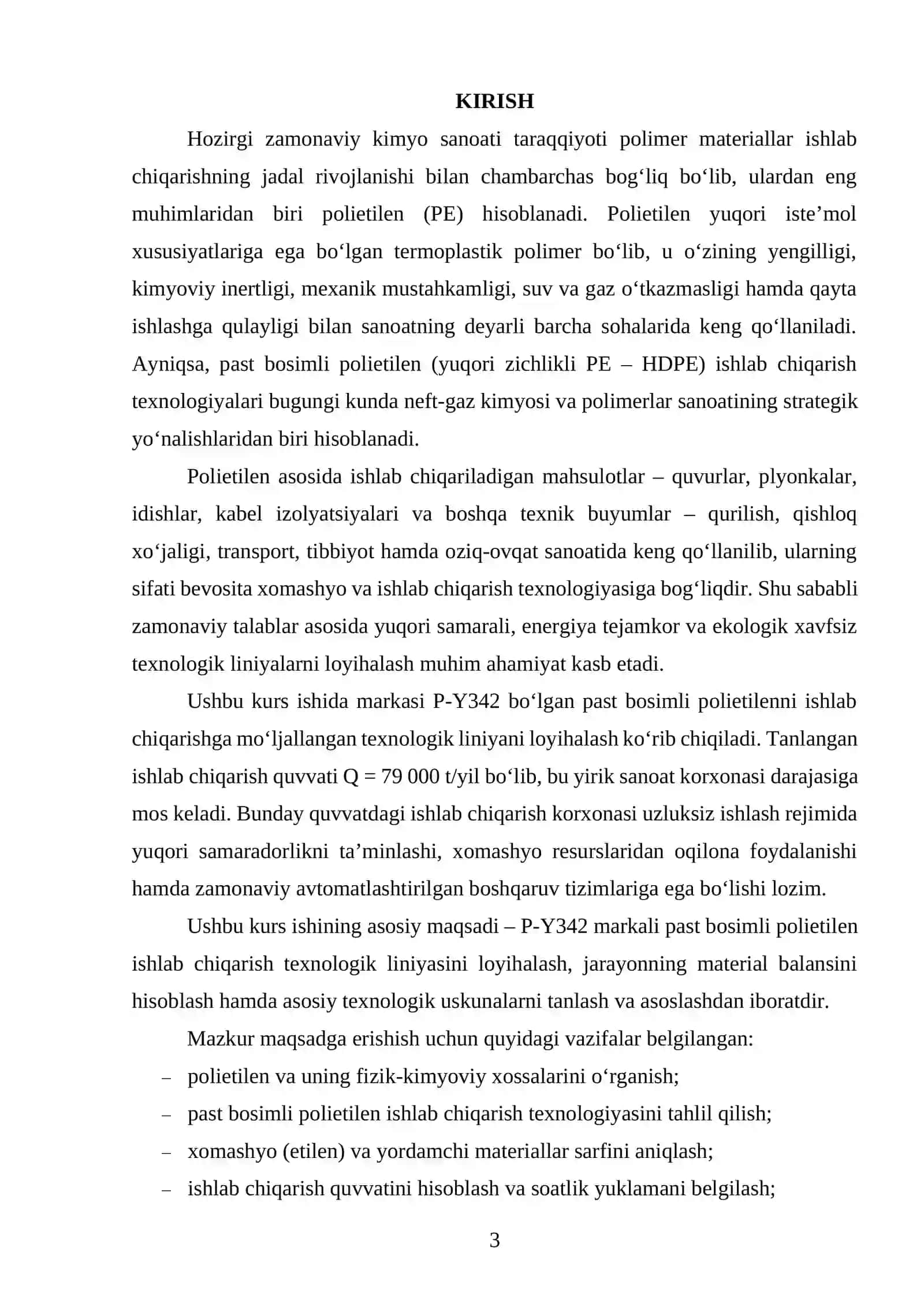 Markasi P-Y342 boʻlgan PE ishlab chiqaradigan texnologik liniyasini loyihalash. Q=79000 t yil 2