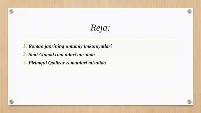 Roman janri imkoniyatlari. Said Ahmad, Pirimqul Qodirov romanlari misolida 2