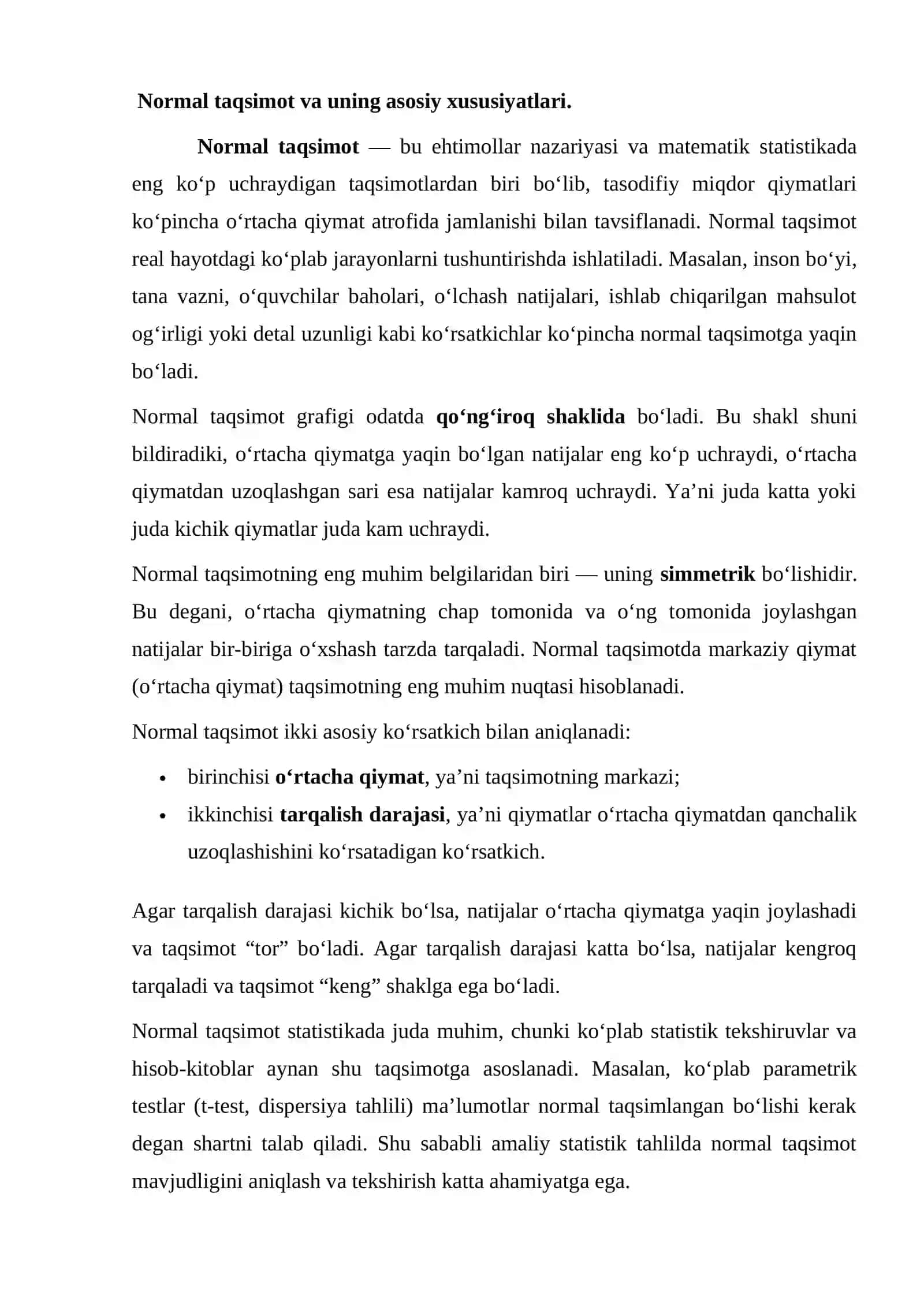 Bosh to'plamning normal taqsimlanganligi haqidagi gipotezani tekshirish 2
