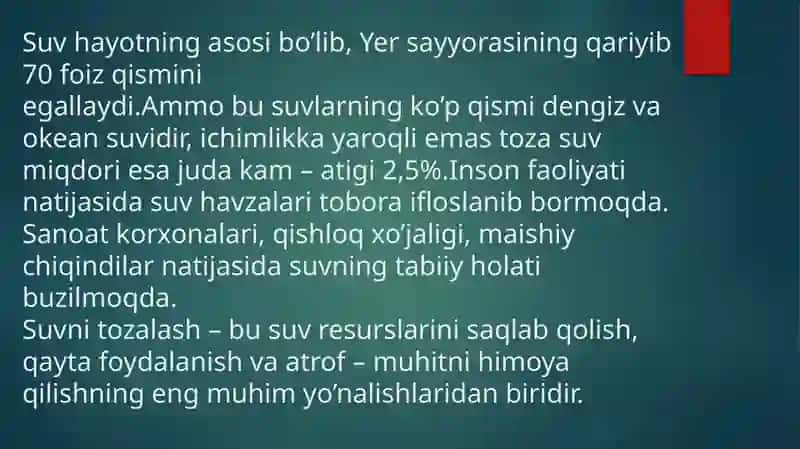 Ifloslangan suvni tozalash 2