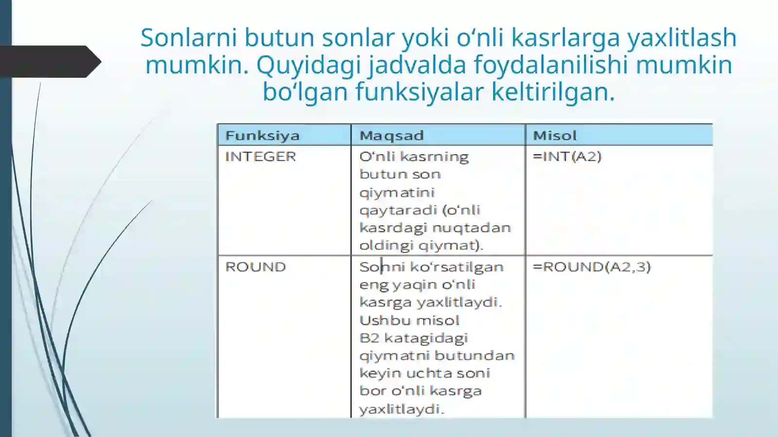 Yaxlitlash funksiyalari 2