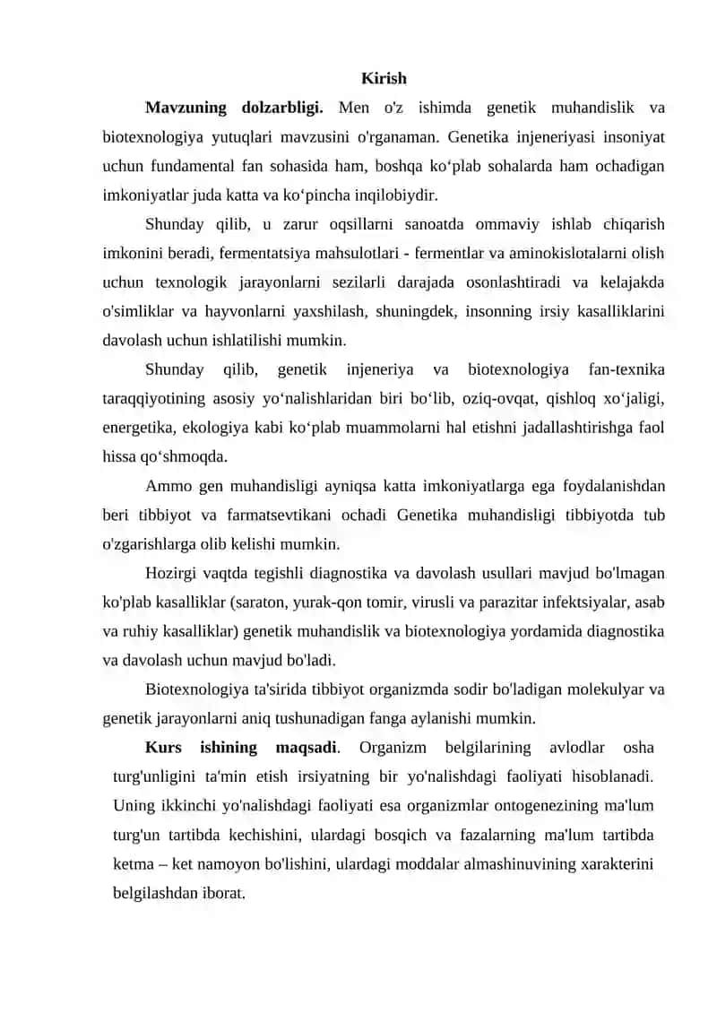 MIKROORGANIZMLARNI GEN MUHANDISLIGIDA QOLLANILISHI VA YUTUQLARI. Kurs ishi 2