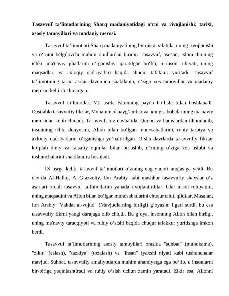 Tasavvuf taʼlimotlarining Sharq madaniyatiga ta`siri. Islomqadriyatlari va ma’rifatining hozirgi davrdagi ahamiyati 2