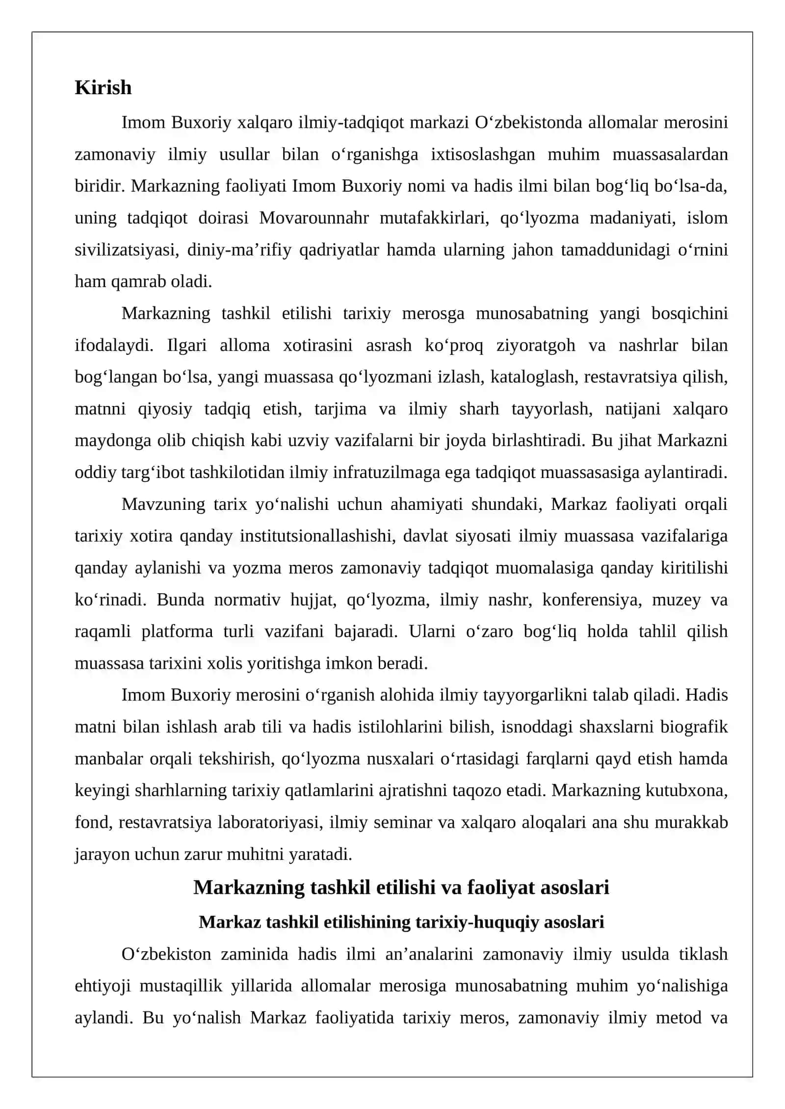 Imom Buxoriy xalqaro ilmiy-tadqiqot markazi faoliyati 2