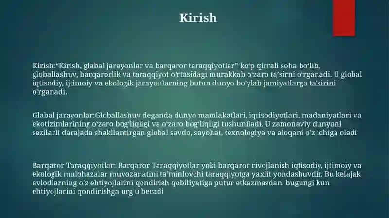 Glabal Jarayonlar Va Barqaror Taraqqiyotlar 2