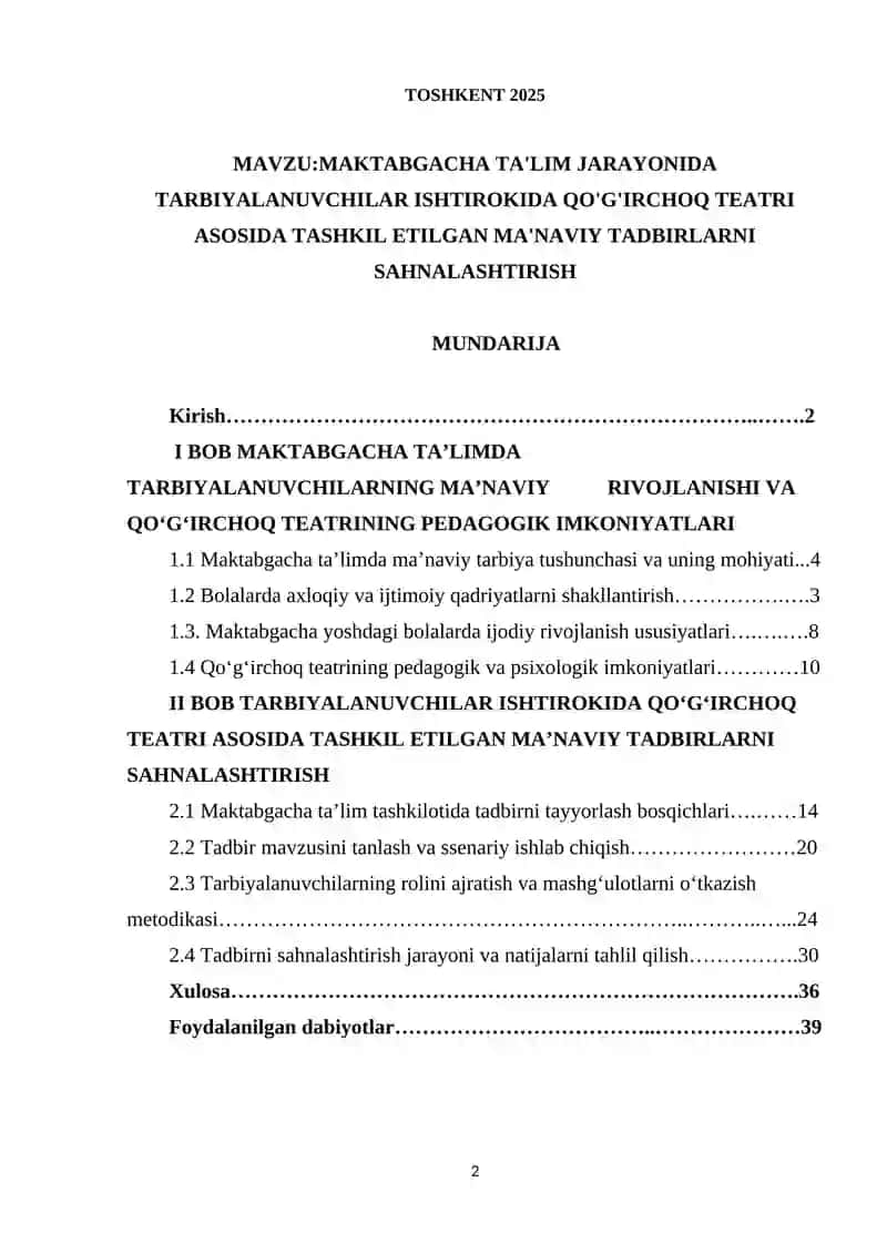 MAKTABGACHA TA'LIM JARAYONIDA TARBIYALANUVCHILAR ISHTIROKIDA QO'G'IRCHOQ TEATRI ASOSIDA TASHKIL ETILGAN MA'NAVIY TADBIRLARNI SAHNALASHTIRISH.docx 2