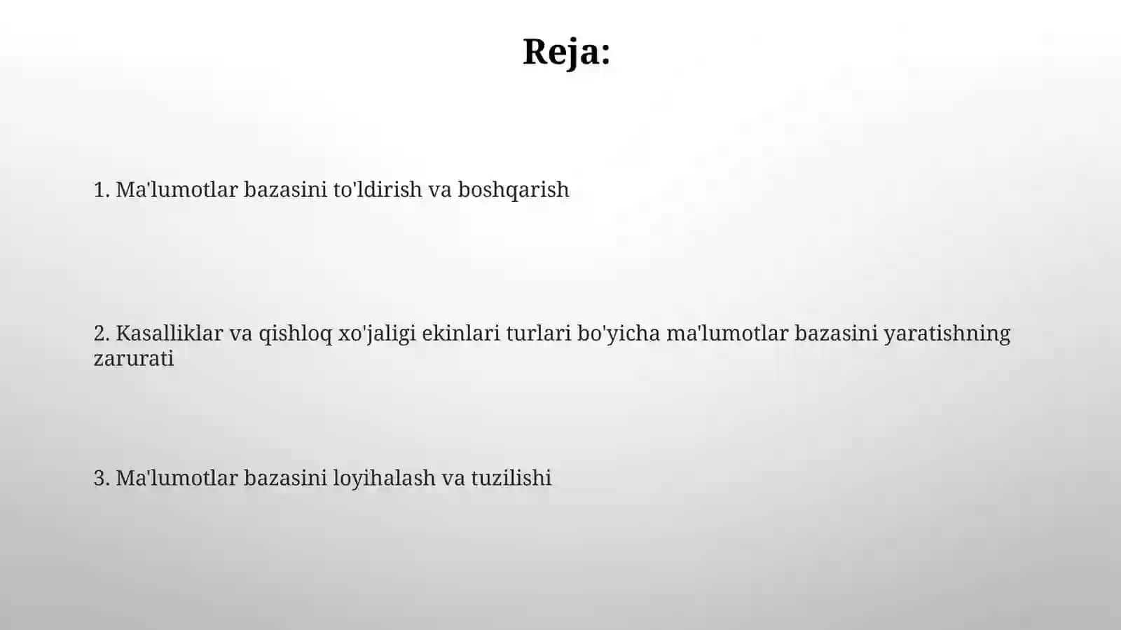 Qishloq xo'jaligi ekinlari kasalliklari va turlari bo'yicha malumotlar bazasini shakllantirish 2