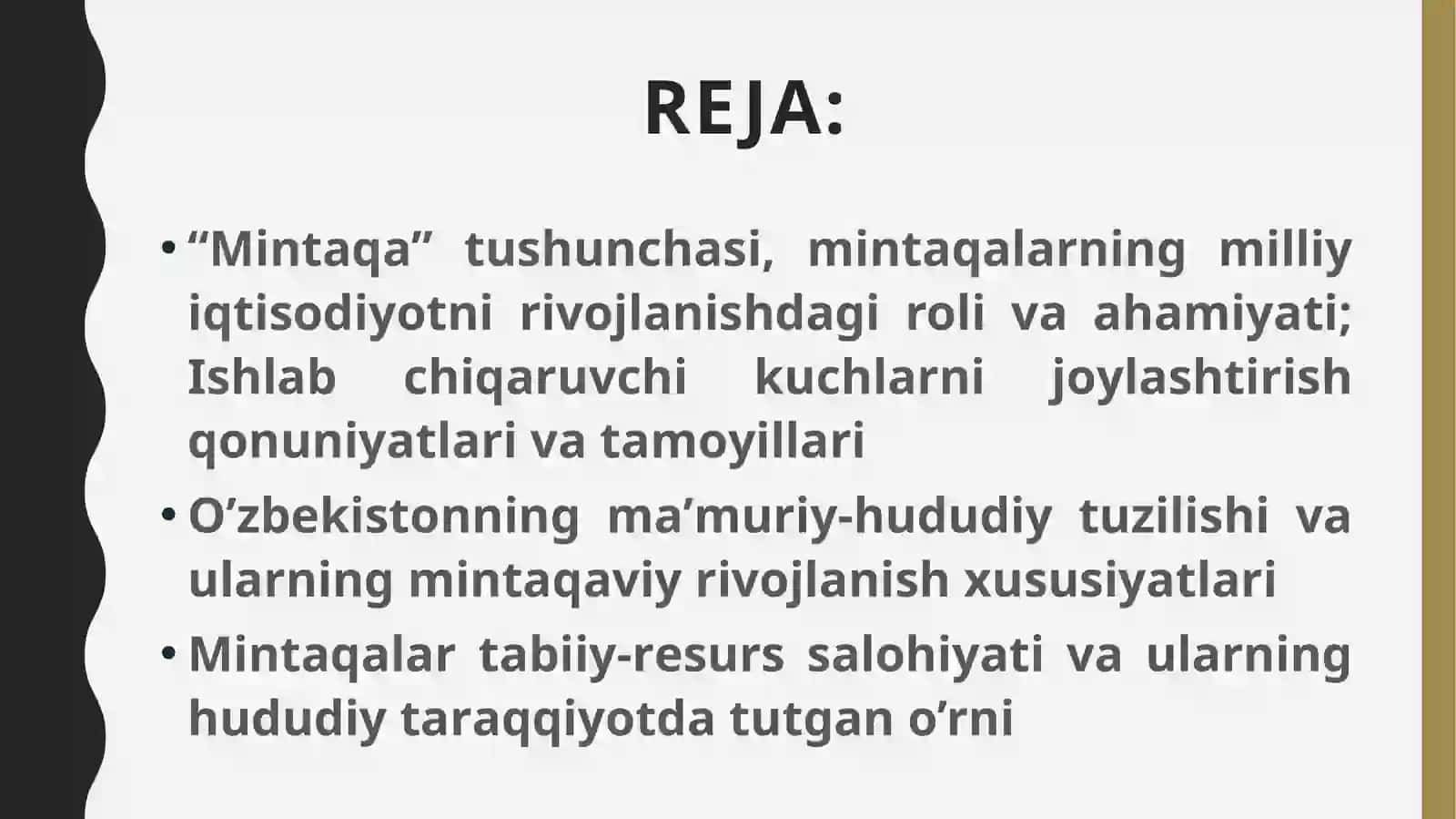 Mintaqaviy iqtisodiyot fanining predmeti, maqsadi,vazifalarivaO’zbеkistоnning mа’muriy-hududiy tuzilishi vа ulаrning mintаqаviy rivоjlаnish xususiyatlаri 2