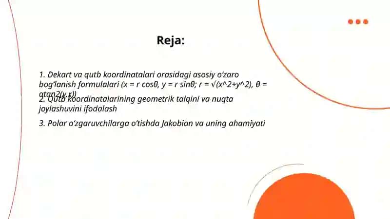 Dekart va qutb kordinatalari orasidagi bogʻlanishlar 2