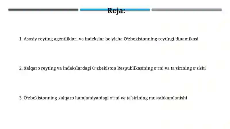 Oʻzbekiston Respublikasining xalqaro reyting va indekslardagi o’rni va nufuzini ortib borishi 2