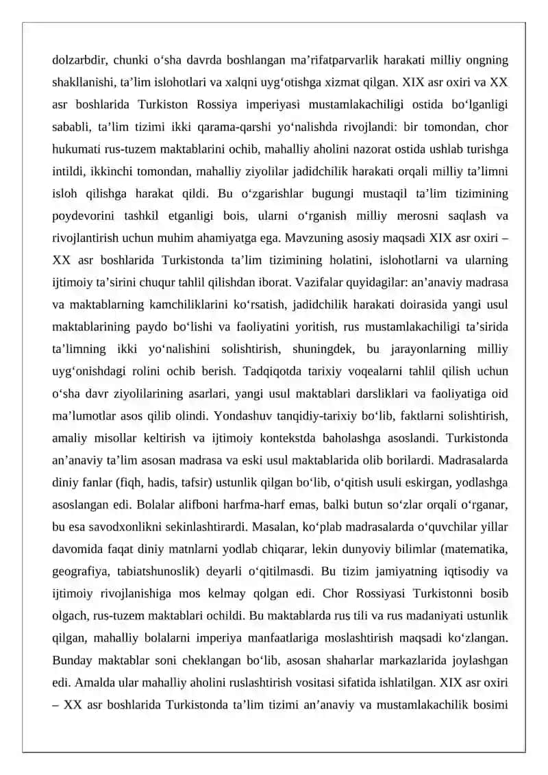 XIX asr oxiri va XX asr boshlarida ta’lim(Turkiston) 2