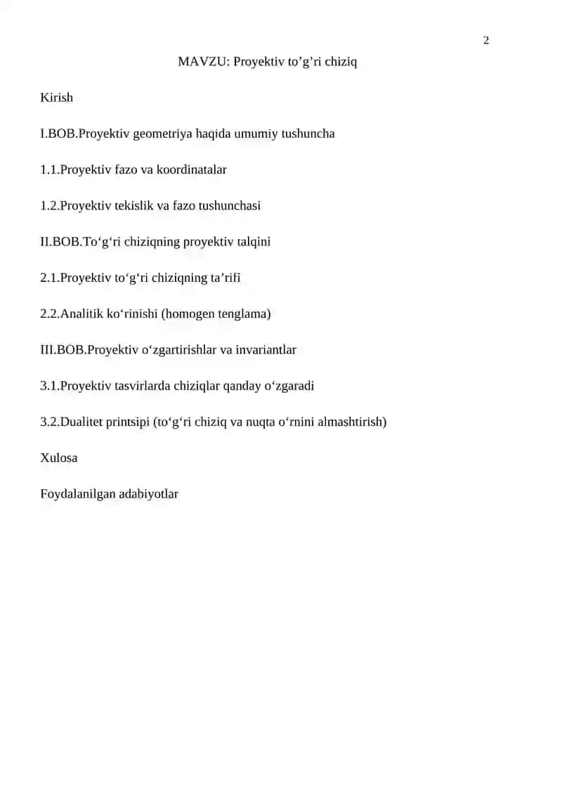 Proyektiv to’g’ri chiziq mavzusidagi KURS ISHI 2