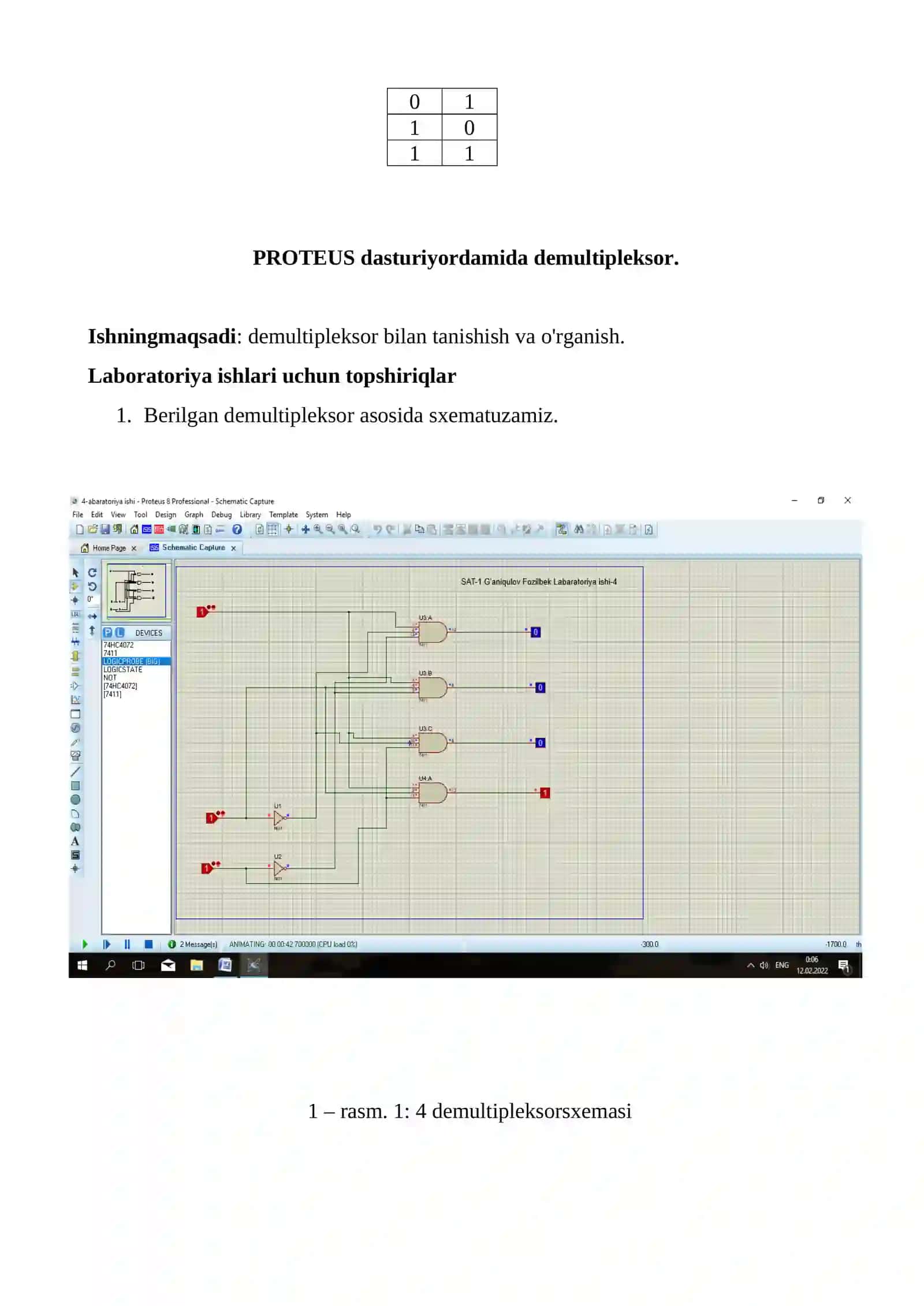 PROTEUS dasturi yordamida multipleksor va demultipleksor sxemalarini tadqiq etish 2
