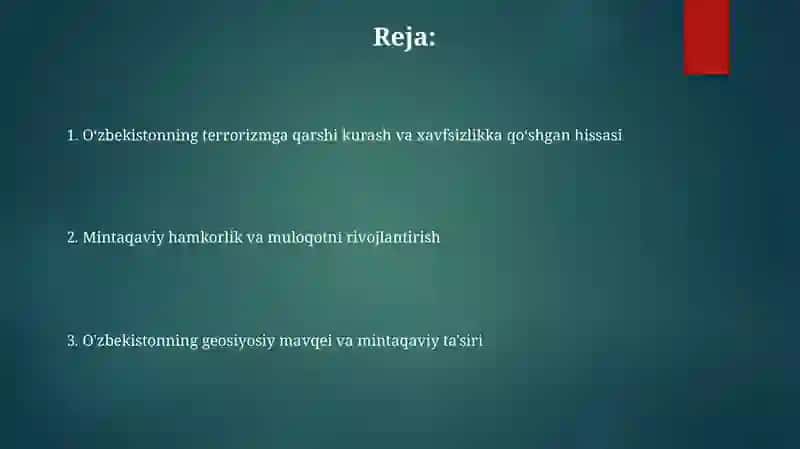 O'zbekistonning Markaziy Osiyodagi tinchlik va barqarorlikni ta’minlashdagi o’rni 2
