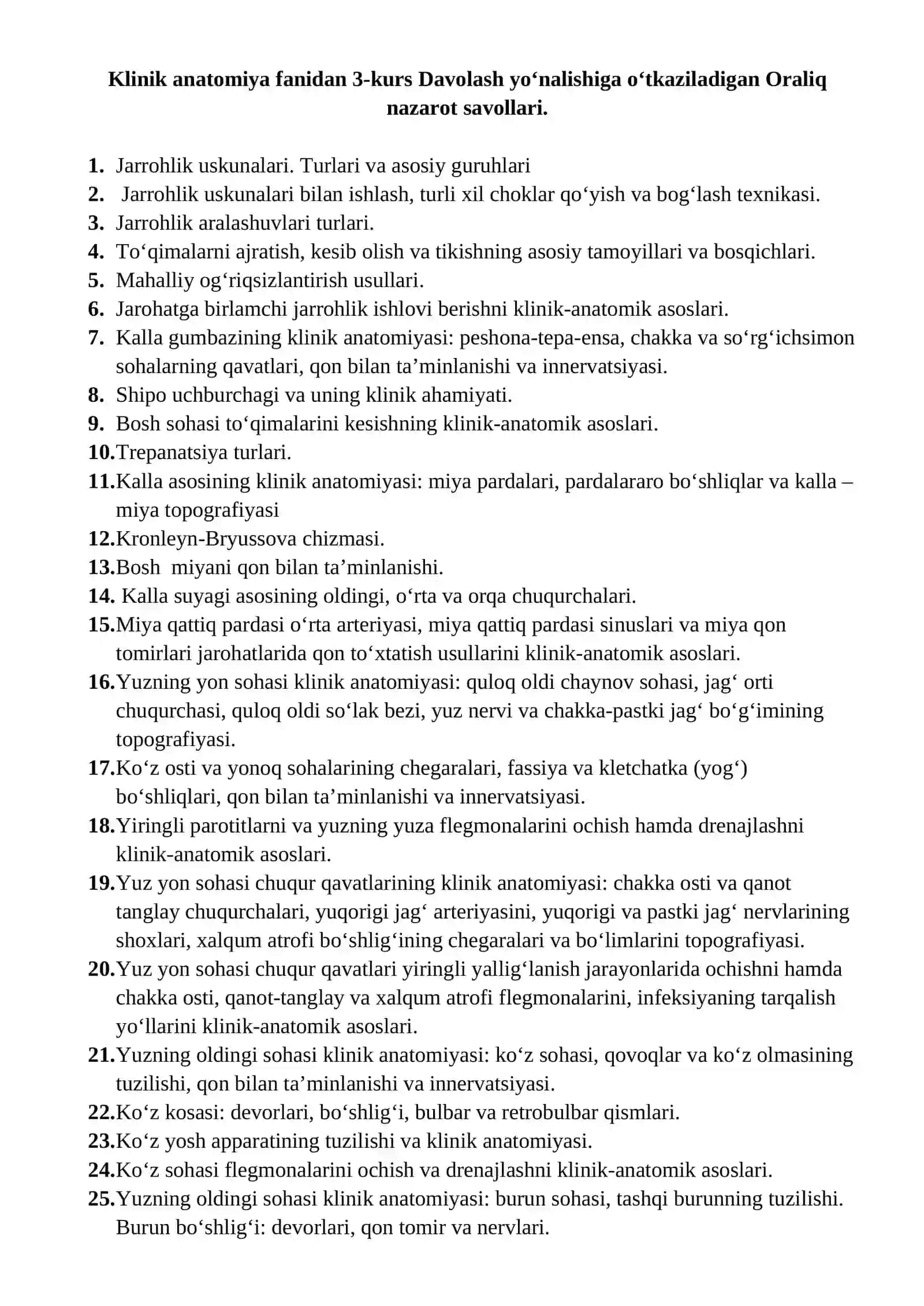 KLINIK ANATOMIYA FANI BO‘YICHA DAVOLASH YO‘NALISHI 3-KURS TALABALARI UCHUN ORALIQ NAZORAT SAVOLLARI 2