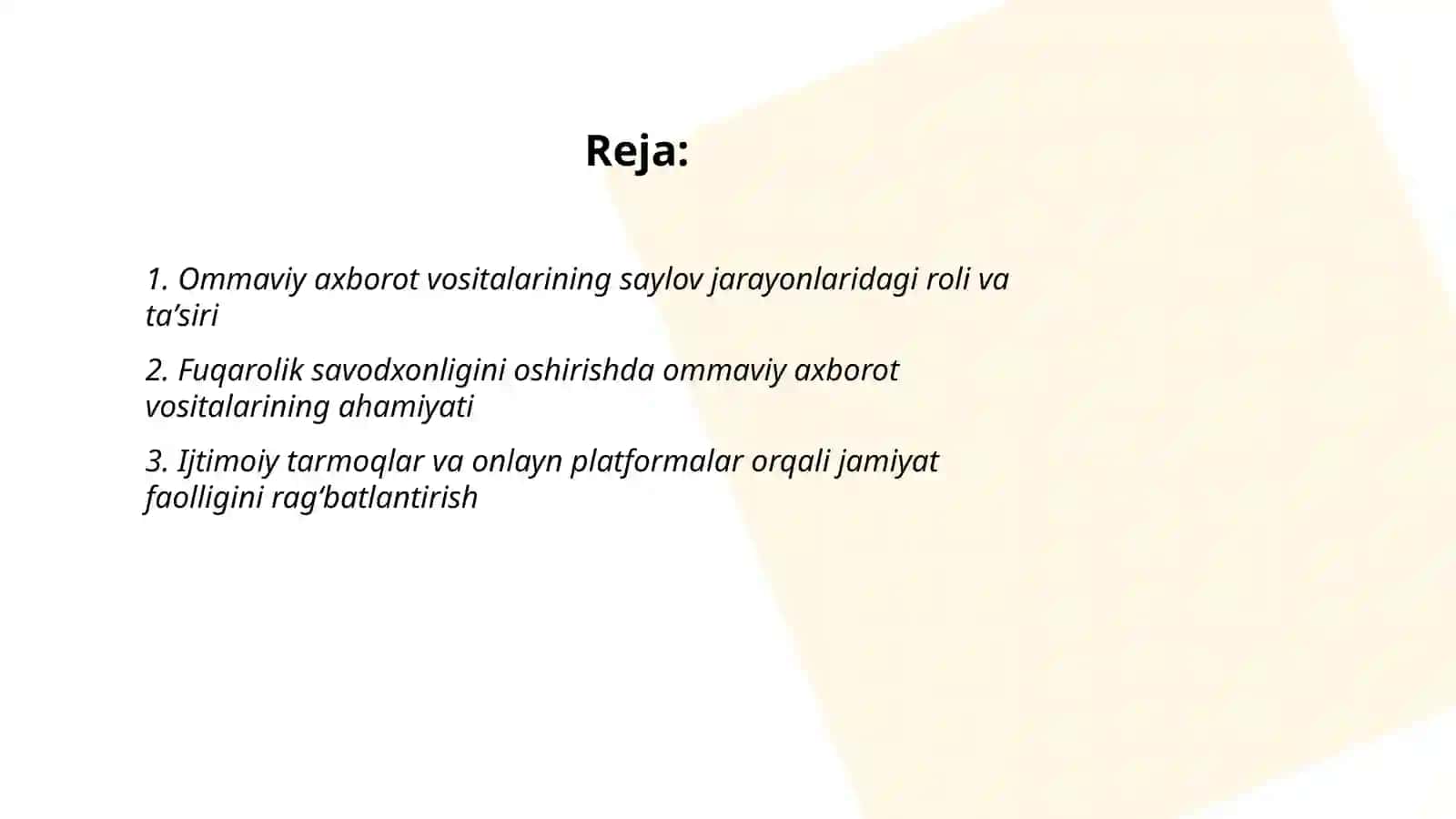 Oʻzbekistonning demokratik rivojlanishi va fuqarolarning jamiyat hayotidagi faolligini oshirishda ommaviy axborot vositalari va ahborotning ahamiyati 2