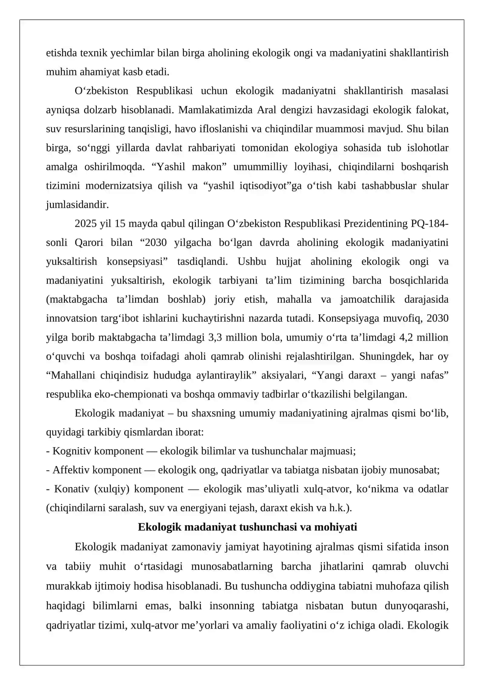 Aholi o‘rtasida ekologik madaniyatni shakllantirish. 2