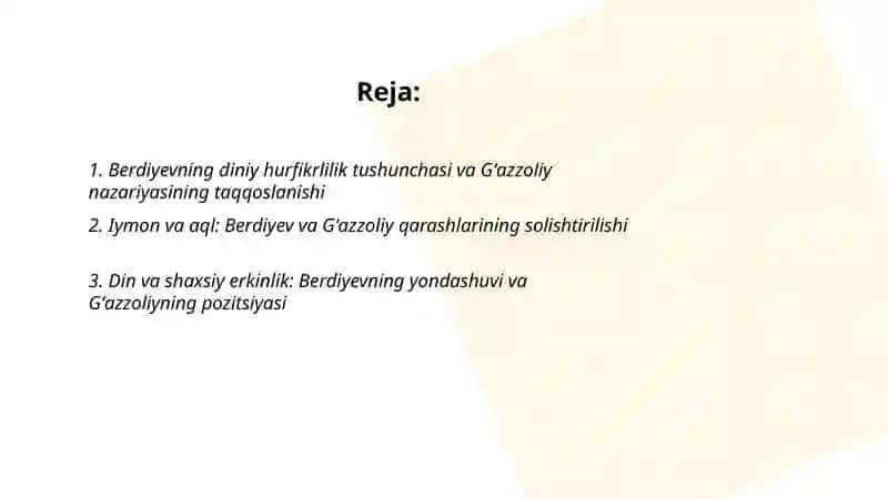 Din va hurfikrlilik ( Berdiyevning diniy hurfikrlilik haqidagi gʻoyalarini Gʻazzoliy gʻoyalari bilan taqqoslash) 2