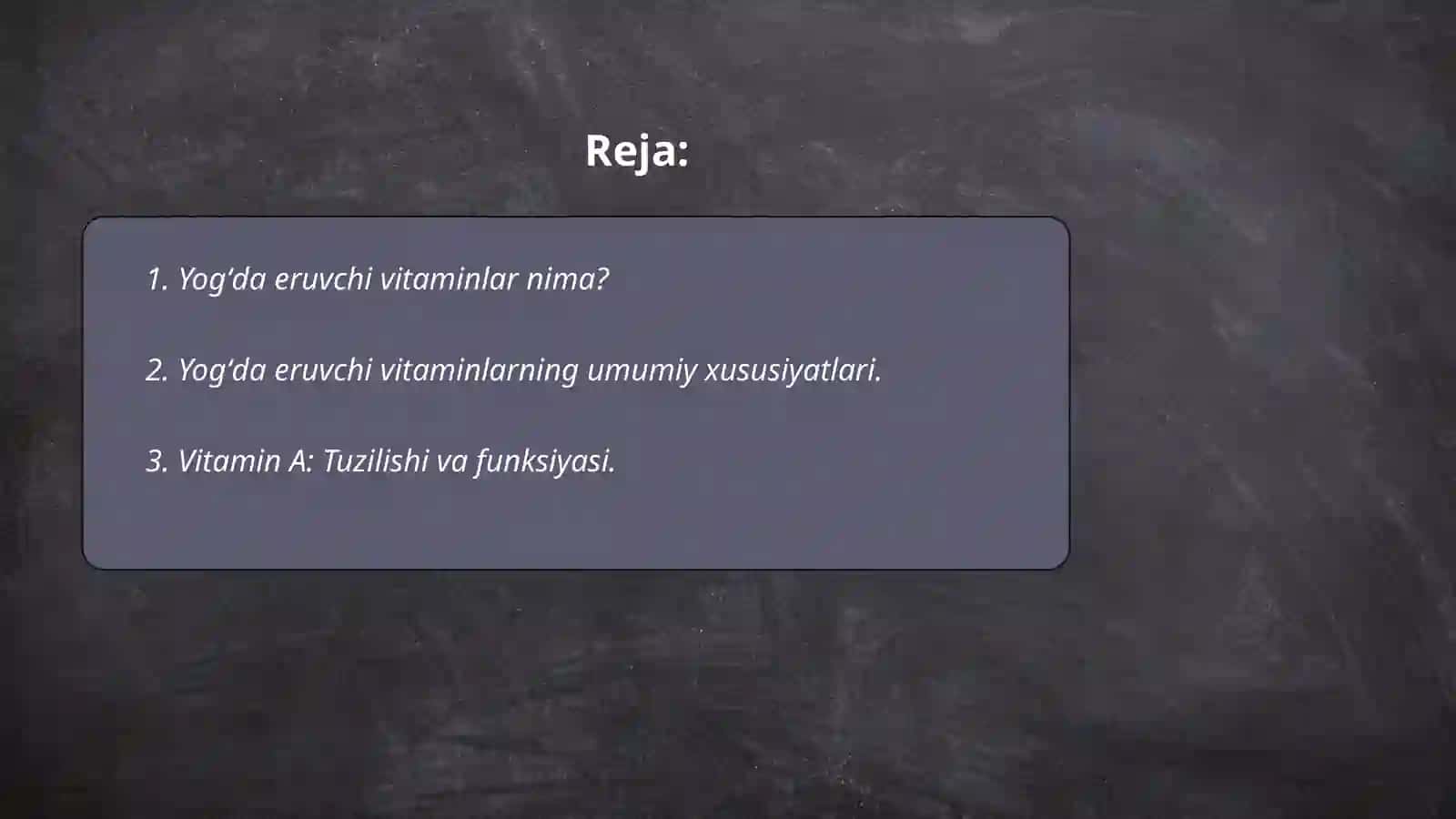 Vitaminlar. Yogʻda eruvchi vitaminlar. Tuzilishi va funksiyasi. Shermatova Mulkiya 2