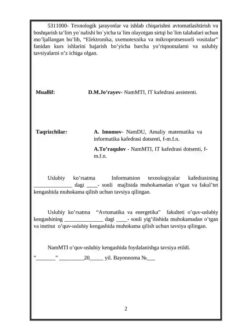 Elektronika, sxemotexnika va mikroprotsessorli vositalar 2