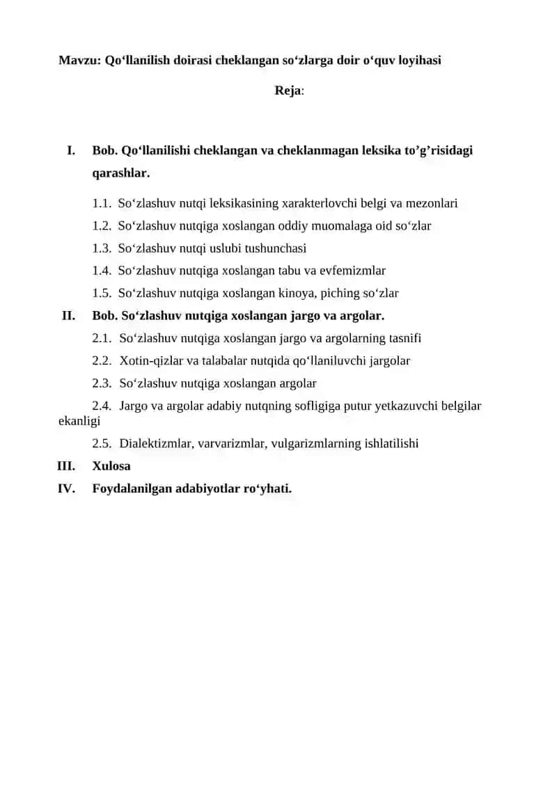 Qoʻllanilish doirasi cheklangan soʻzlarga doir oʻquv loyihasi 2