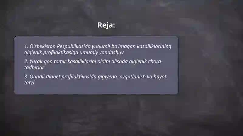 O'zbekiston Respublikasi aholisining eng muhim yuqumli bo'Imagan kasalliklari profilaktikasining gigienik jihatlari 2