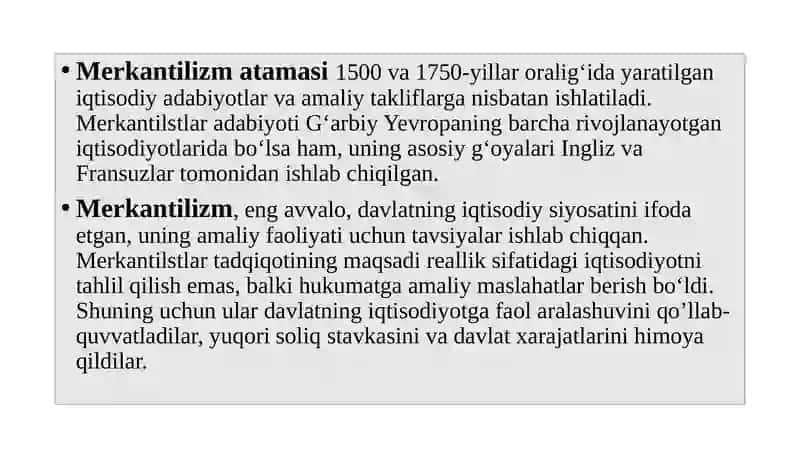 MERKANTILIZM IQTISODIY TA’LIMOTINING MOHIYATI VA AHAMIYATI 2