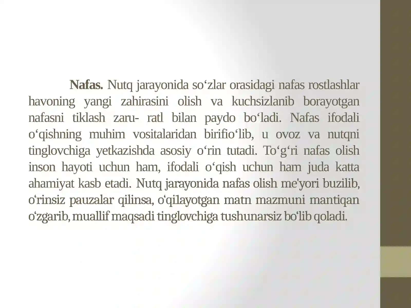 18-Mavzu:Ifodali o‘qishda nafas, ovoz va talaffuzning o‘rni.Nafasvaovoznimustahkamlovchimashqlar 2
