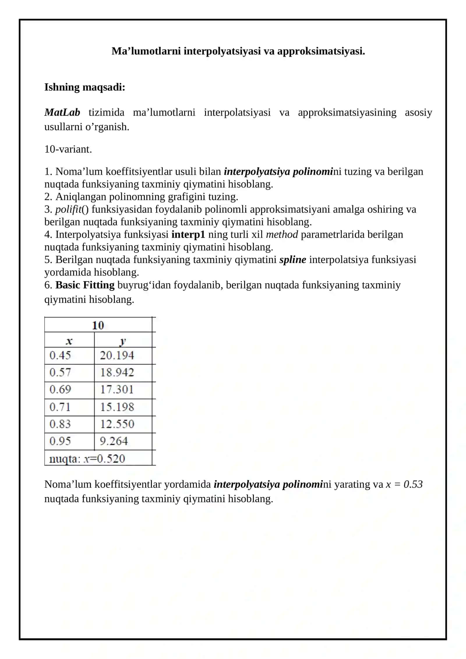 Ma’lumotlarni interpolyatsiyasi va approksimatsiyasi 2