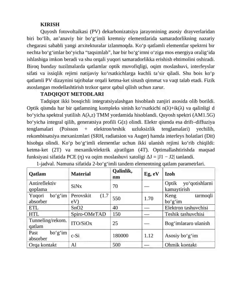 KO‘P QATLAMLI QUYOSH ELEMENTLARINI MODELLASHTIRISH, Моделирование многослойных солнечных элементов 2