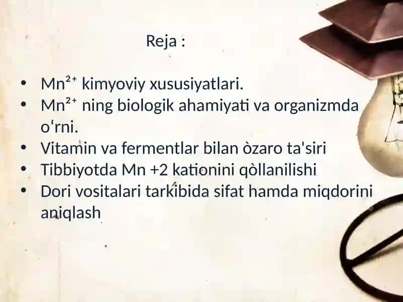 Mn +2 kationini organizmdagi ahamiyati,tibbiyotda qòllanilishi va dori vositalari tarkibida sifat hamda miqdorini aniqlash 2