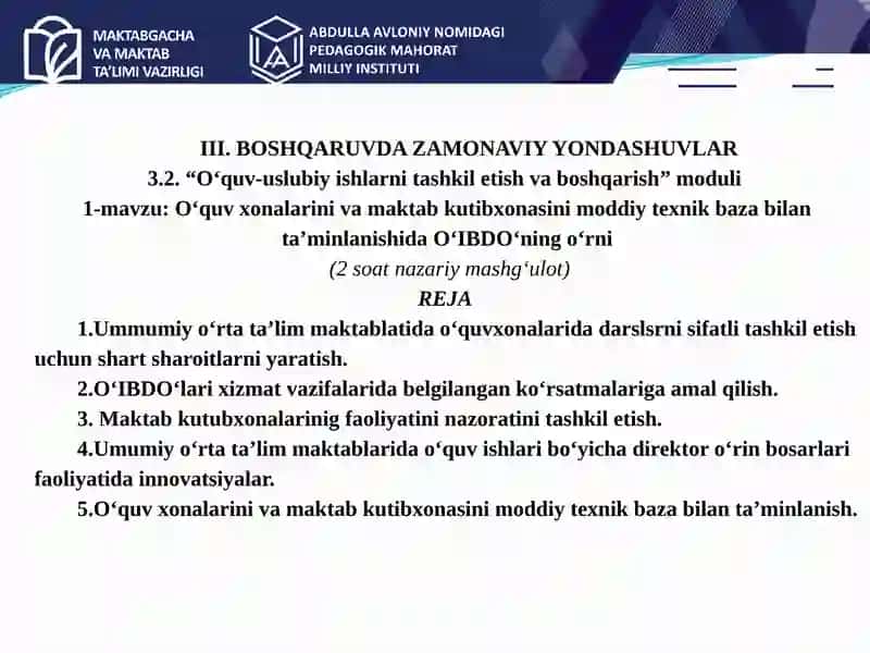 O‘quv xonalarini va maktab kutibxonasini moddiy texnik baza bilan ta’minlanishida 2
