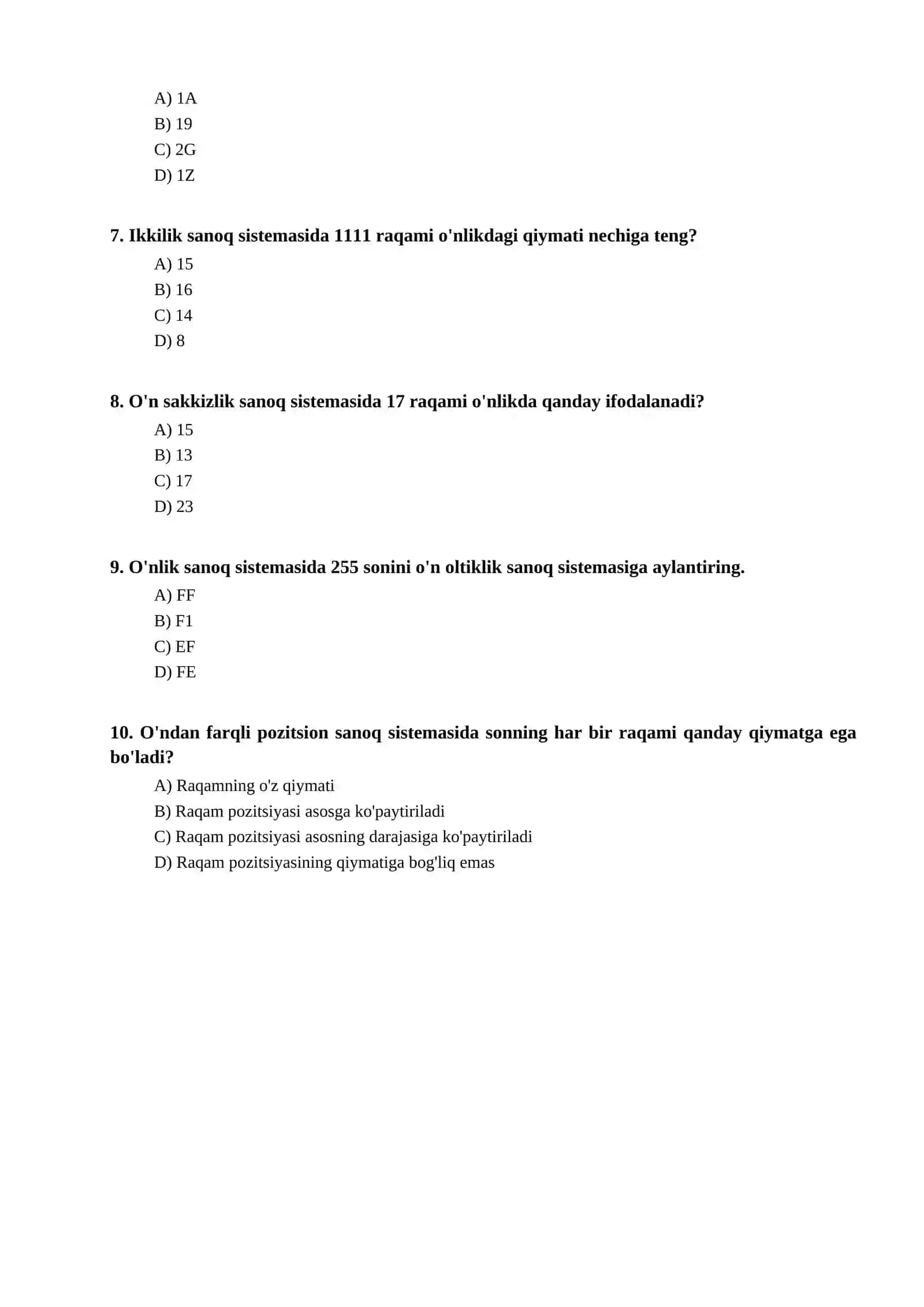 Matematika — O'ndan farqli pozitsion sanoq sistemalari bo'yicha test 2