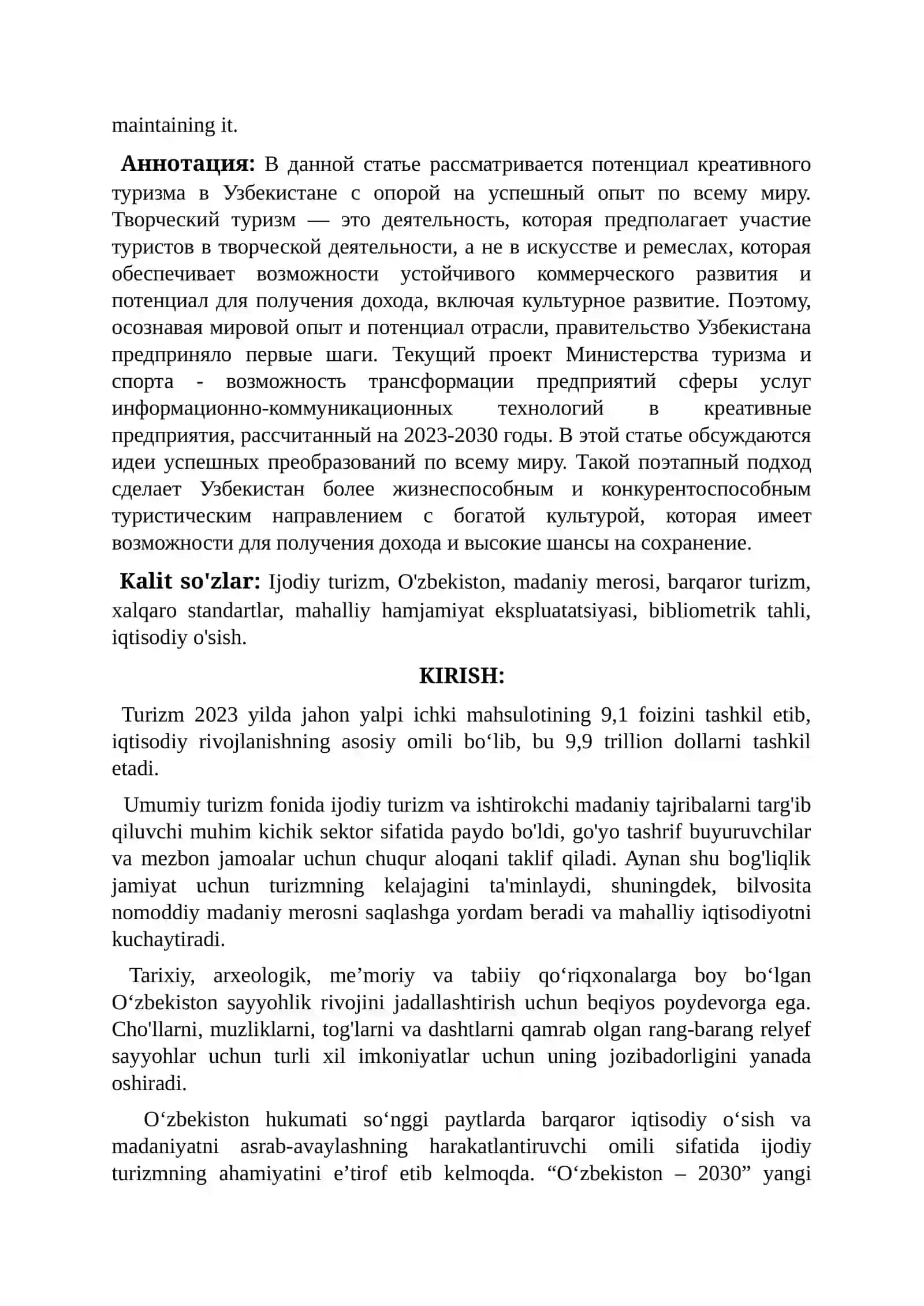 O’zbekistonda Ijodiy Turizmni Rivojlantirish va Bu Borada Jahon Tajribasi 2
