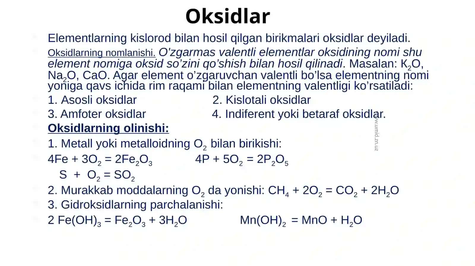 Murakkab moddalarning sinflanishi (Oksid, Asos, Kislota va Tuz) 2