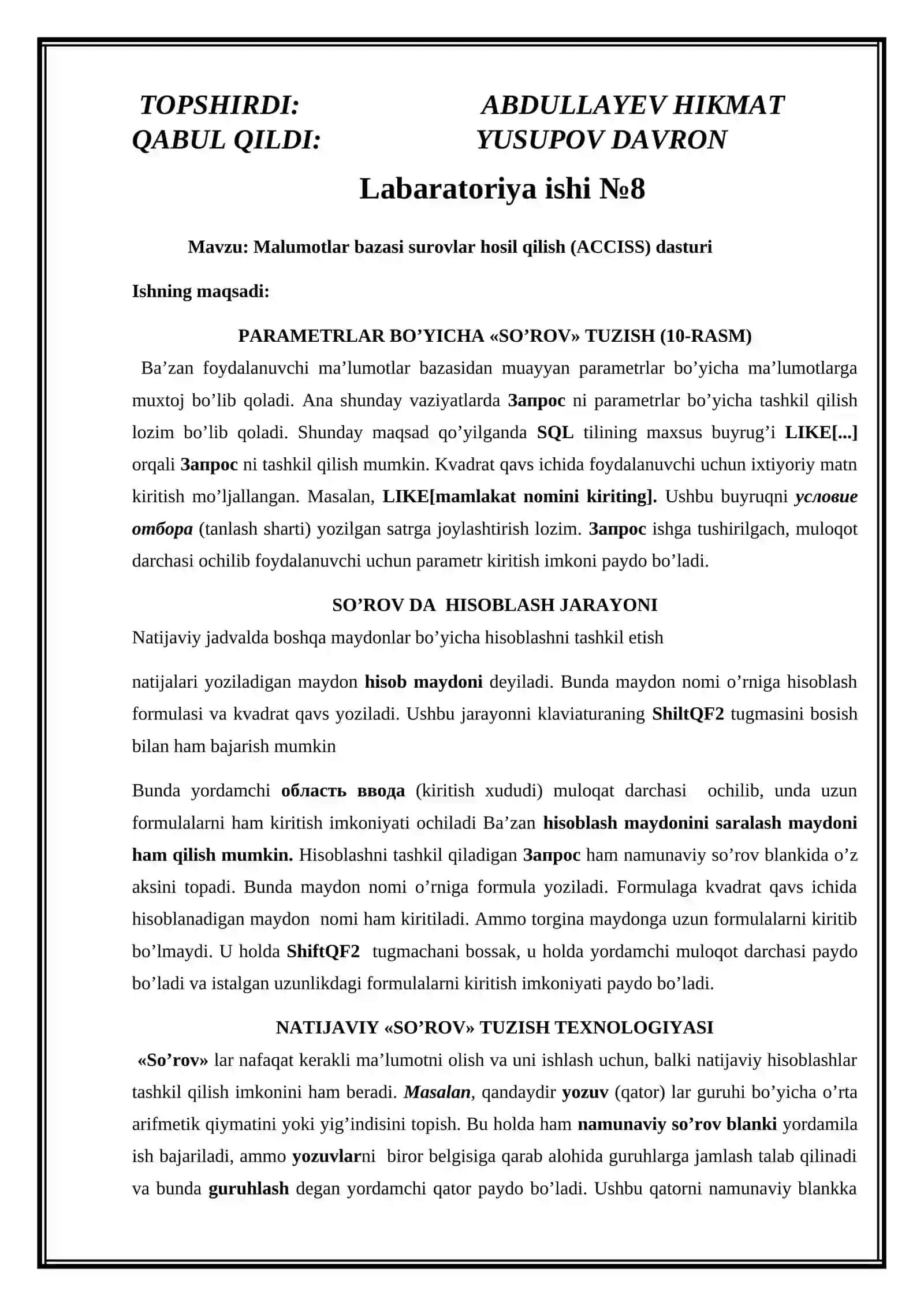 Malumotlar bazasi surovlar hosil qilish (ACCISS) dasturi 2