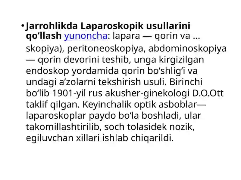 Laparaskopiyaning jarrohlikda qo’llanishi 2