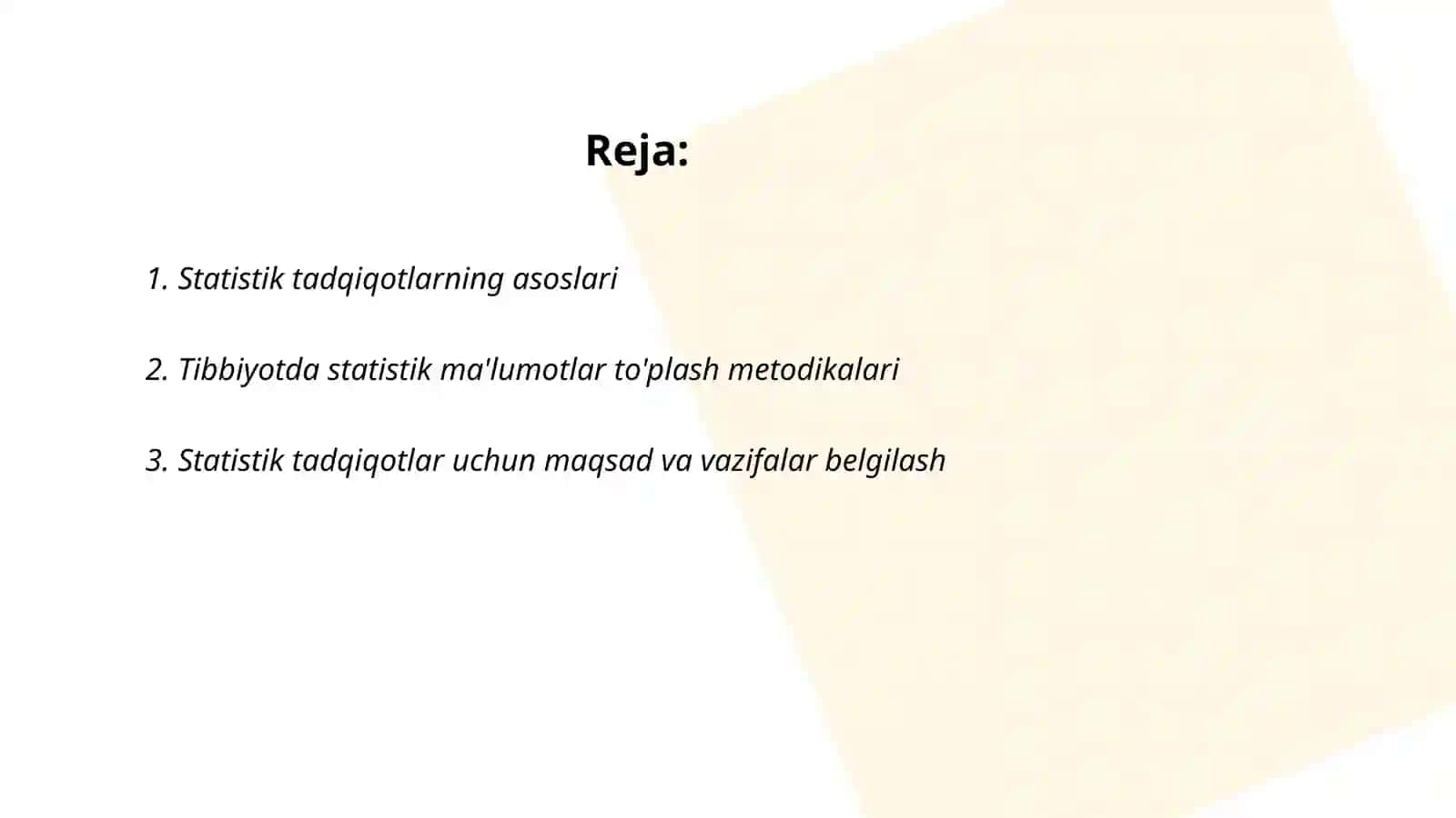 Tibbiyotda Statistik tadqiqotlarning tashkil etilishi vA uning bosqichlari 2
