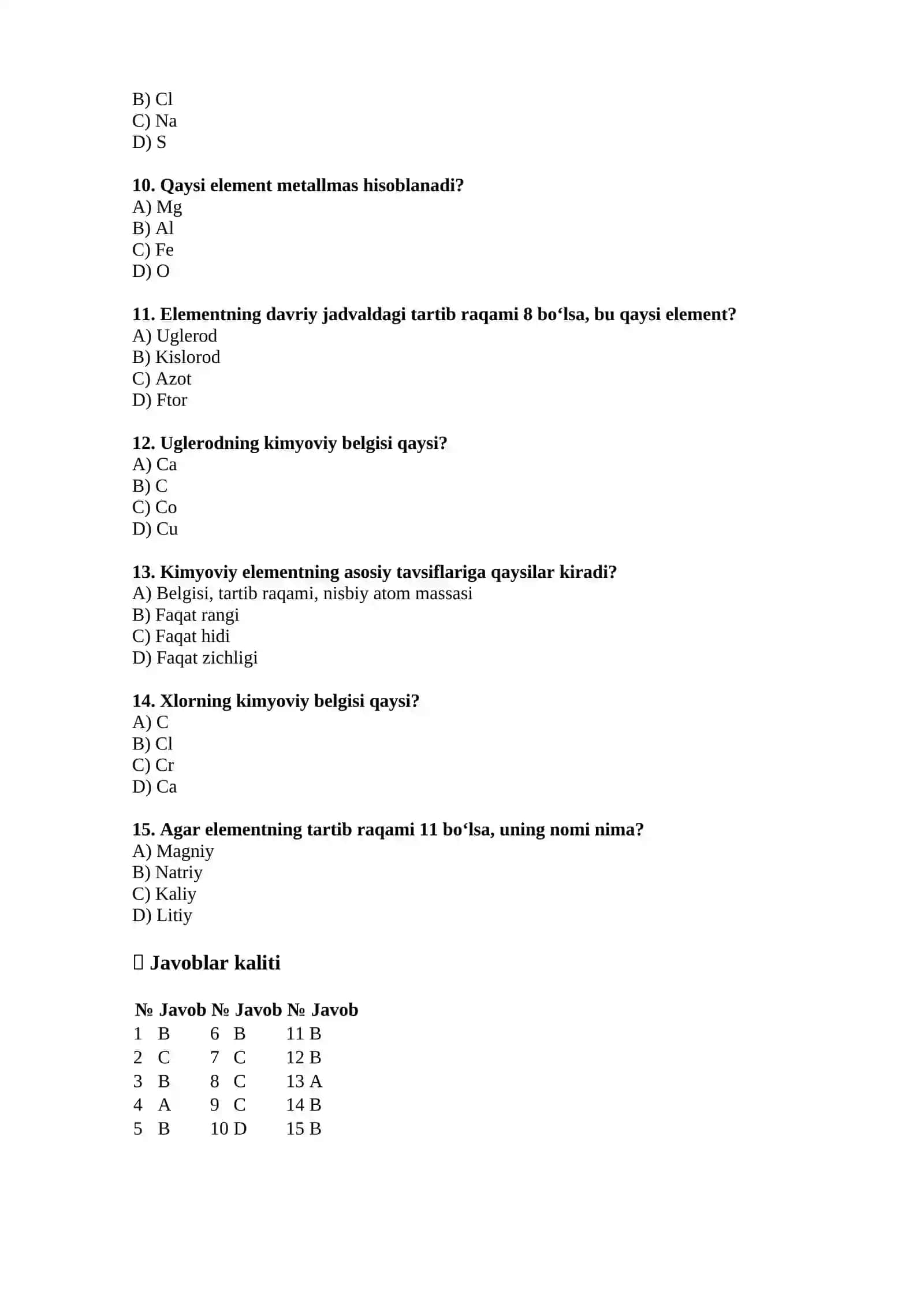 Kimyoviy Elementlar Test Savoli 2