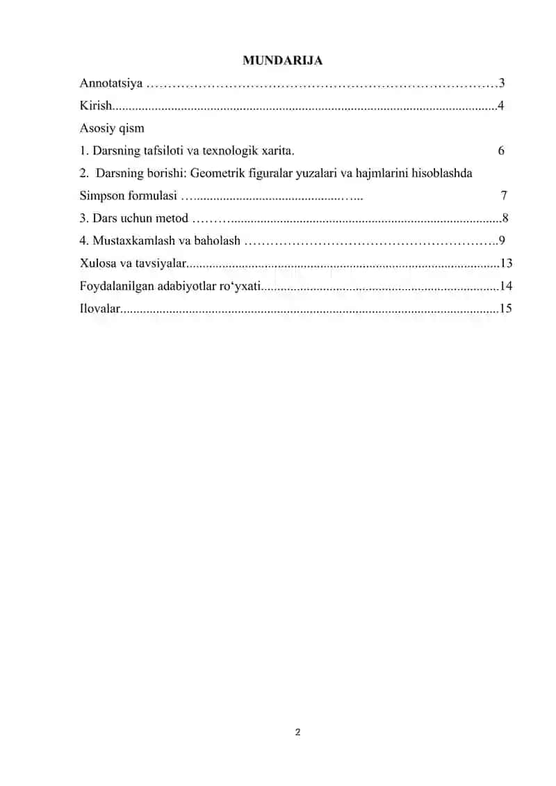 Geometrik figuralar yuzalari va hajmlarini hisoblashda Simpson formulasi mikrodars 2