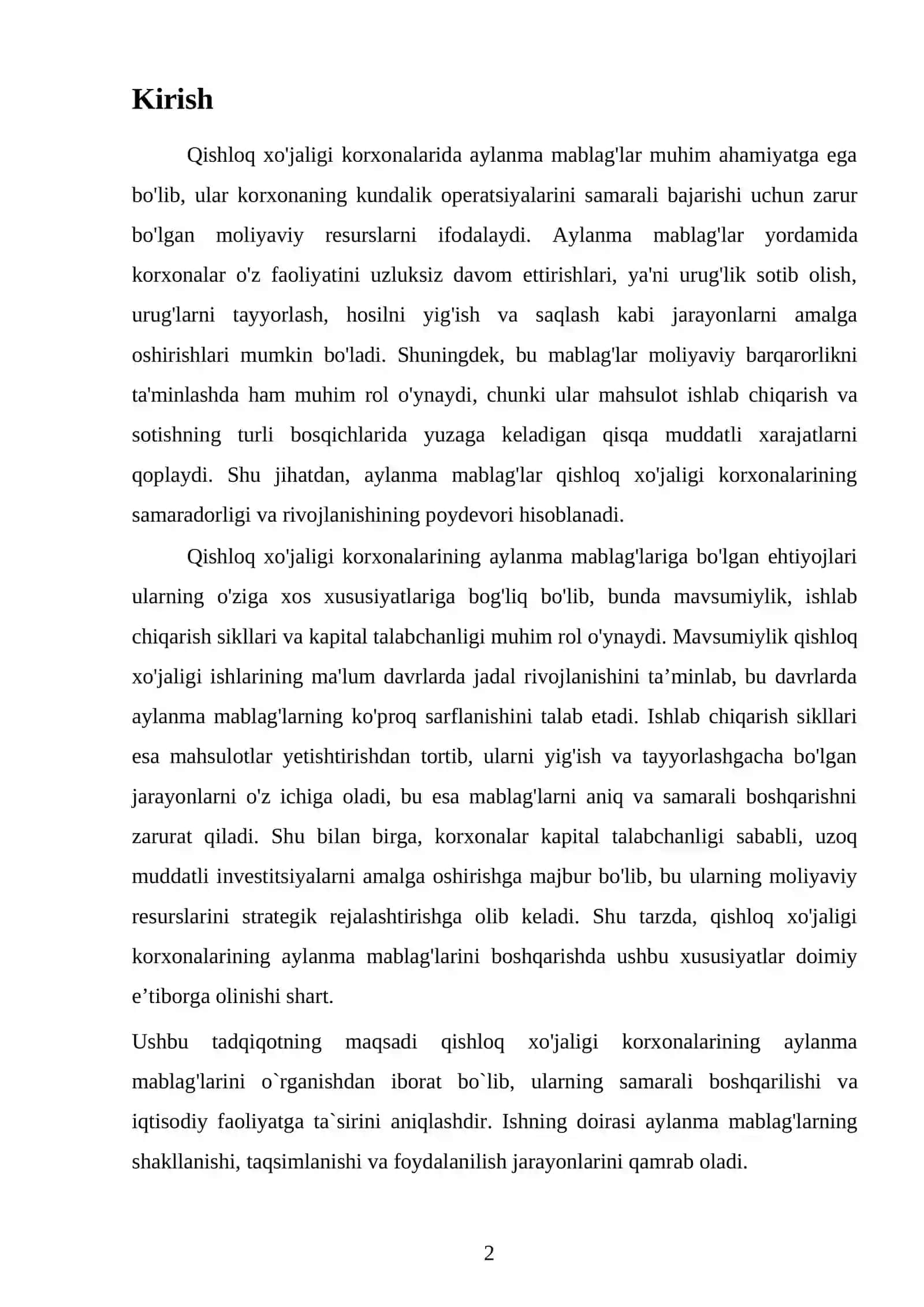 Qishloq xo'jaligini korxonalari aylanma mablag'lari va ulardan foydalanish samaradorligi 2