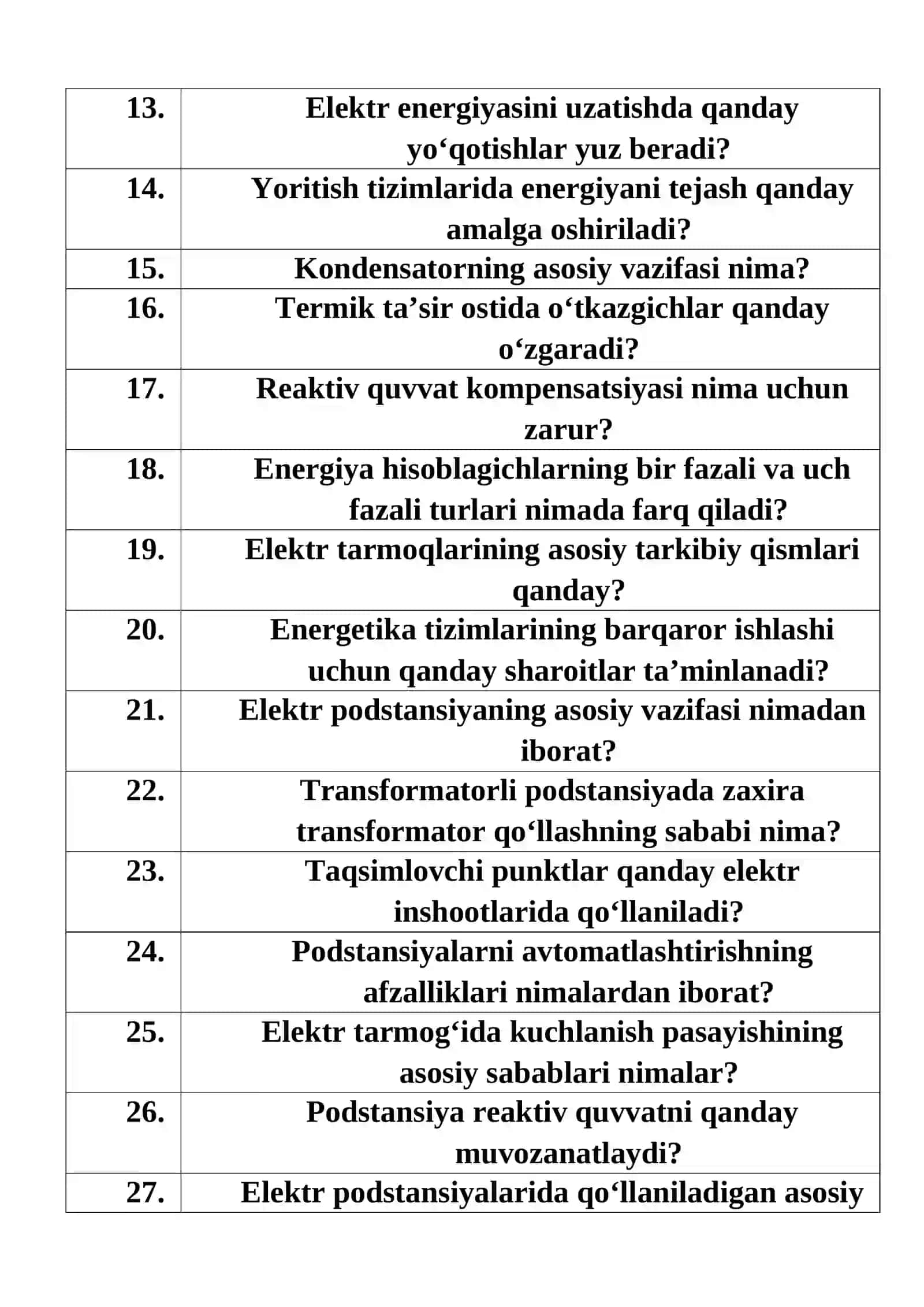 Texnikum bituruvchilari uchun NAMUNAVIY SUHBAT SAVOLLARI:.“Energetika (tarmoqlar bo'yicha)” ta‘lim yo‘nalishi bo‘yicha 2