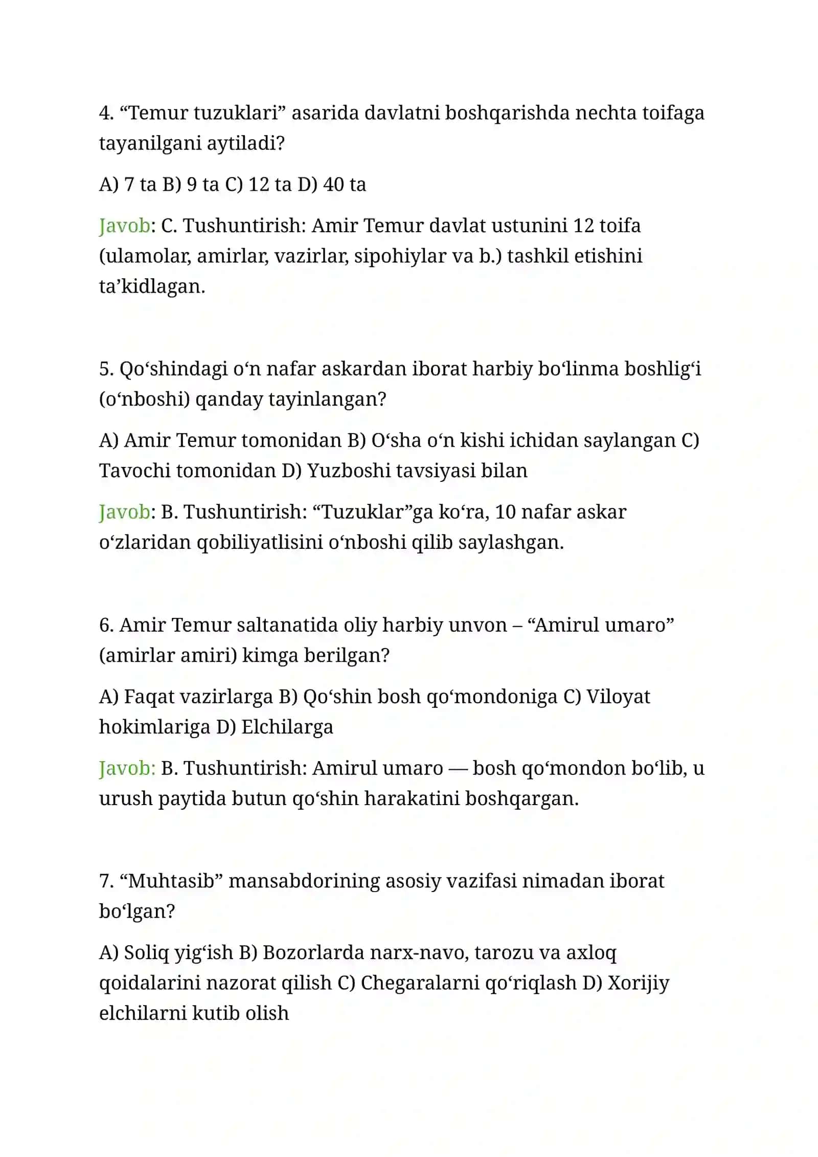 7 – sinf Tarix fanidan DTMga tushadigan mavzulashtirilgan testlar va ularning tahlili 2